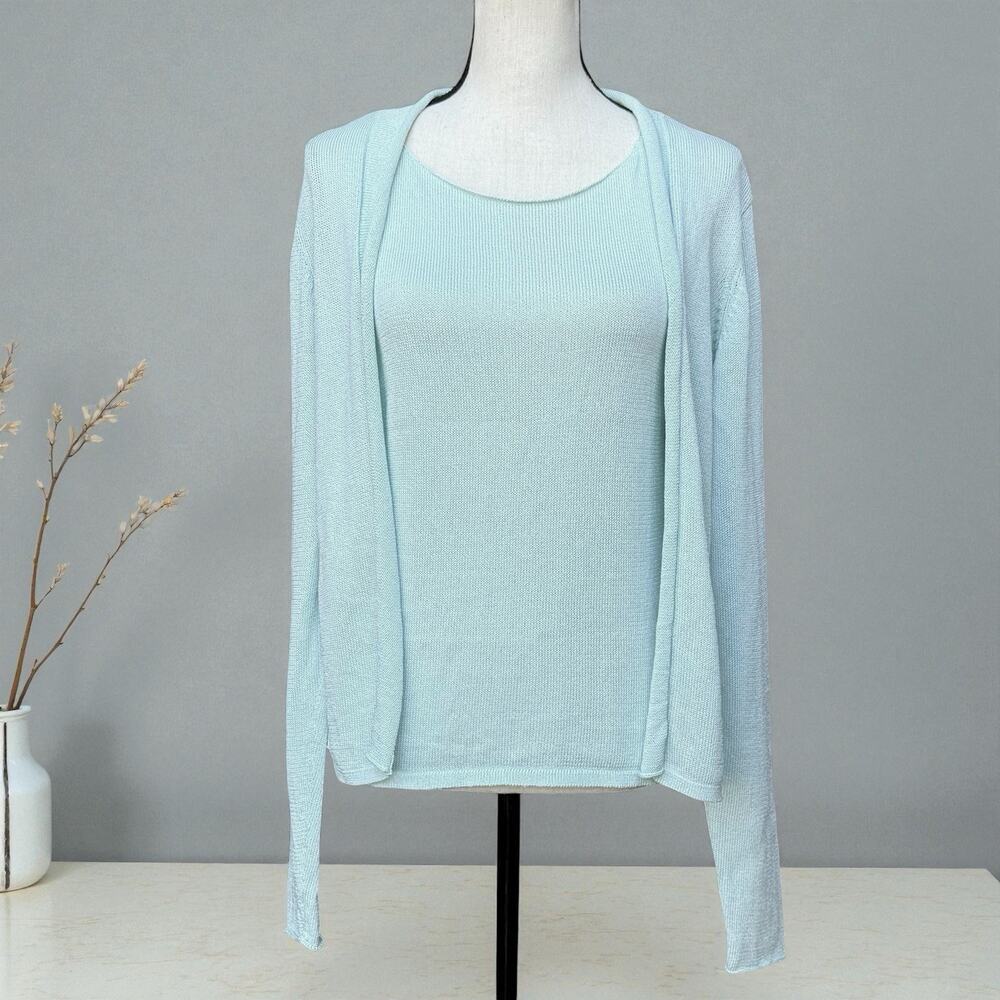 Eileen Fisher Womens Twin Sweater Set Size M Tank Open Cardigan Light Green Blue